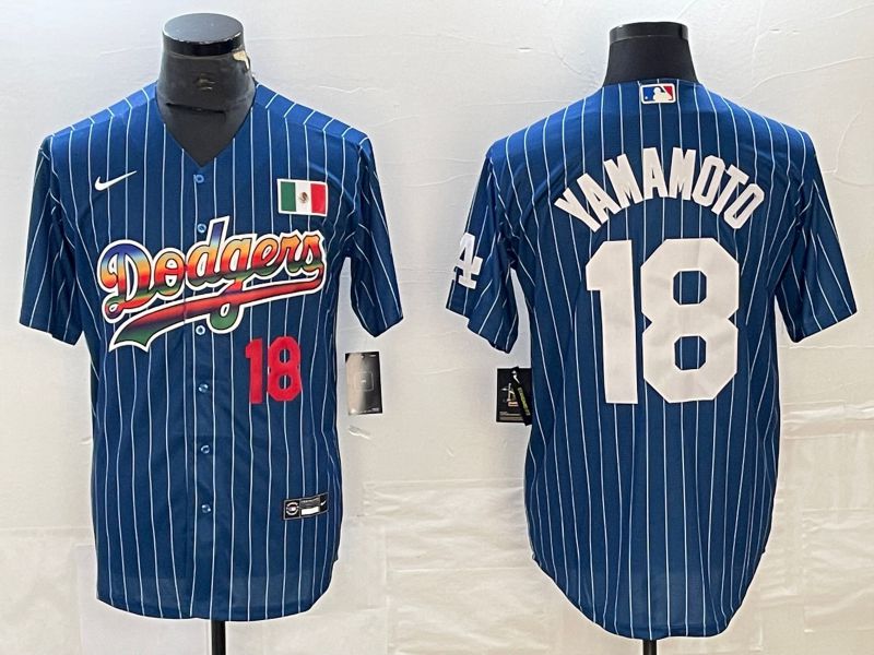 Men Los Angeles Dodgers #18 Yamamoto Blue stripe Nike Game MLB Jersey style 2->los angeles dodgers->MLB Jersey
